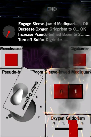 A Spaceteam control panel falling apart, sparking, and smoking